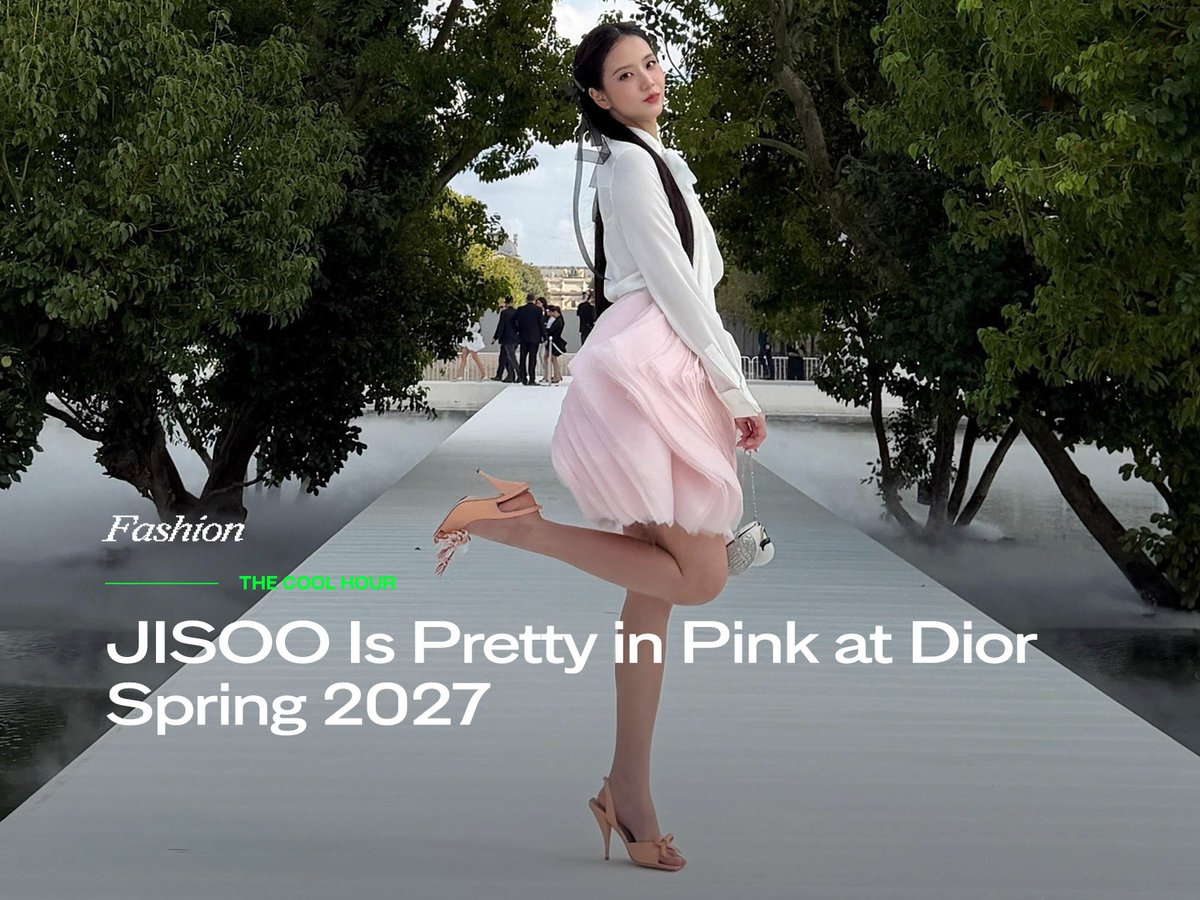 TheCoolHour's tweet photo. JISOO just delivered another major Dior front-row moment. The BLACKPINK star arrived at Spring 2027 in Paris wearing a crisp white blouse, a dreamy pink skirt and an extra-long ribbon ponytail.

🔗 https://t.co/NifptLDYAl https://t.co/a21LJzQb7n