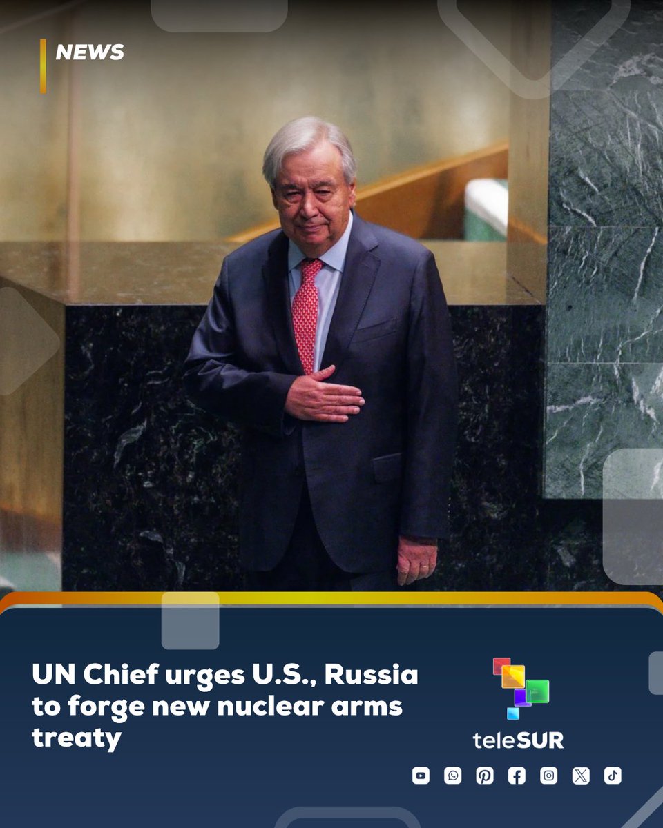 telesurenglish's tweet photo. #UnitedNations | UN chief Antonio Guterres urged the U.S. and Russia to negotiate a new nuclear arms control treaty after New START expired, leaving the two powers without binding limits on their strategic arsenals.
#NuclearWeapons #Disarmament #ArmsControl #teleSUREnglish https://t.co/dpCncgl4XY