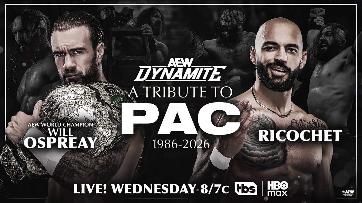 AEW's tweet photo. Tomorrow night, join us for A Tribute to @BastardPAC.

Two iconic rivals of late great legend PAC will fight 1-on-1 in honor of our fallen friend.

A Tribute to PAC on Wednesday Night #AEWDynamite, 8e/7c on TBS &amp; HBO Max, tomorrow night! https://t.co/kV4RqQC9Rz