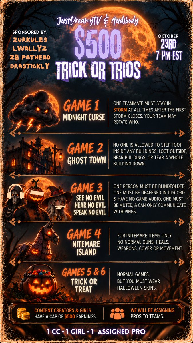 justdreamytv's tweet photo. 🎃My 2nd Annual TRICK OR TRIOS is here!

We're looking for:
33 CONTENT CREATORS + their girl duos 🙈🙉
33 PROS we will assign to a duo 🙊

@Audibodyttv &amp; I are bringing chaos, challenges, and Halloween fun 🦇

👻6 games with spooky twists
💰$500 PRIZE POOL
📅October 23rd, 7PM EST https://t.co/rS7Pe4b490