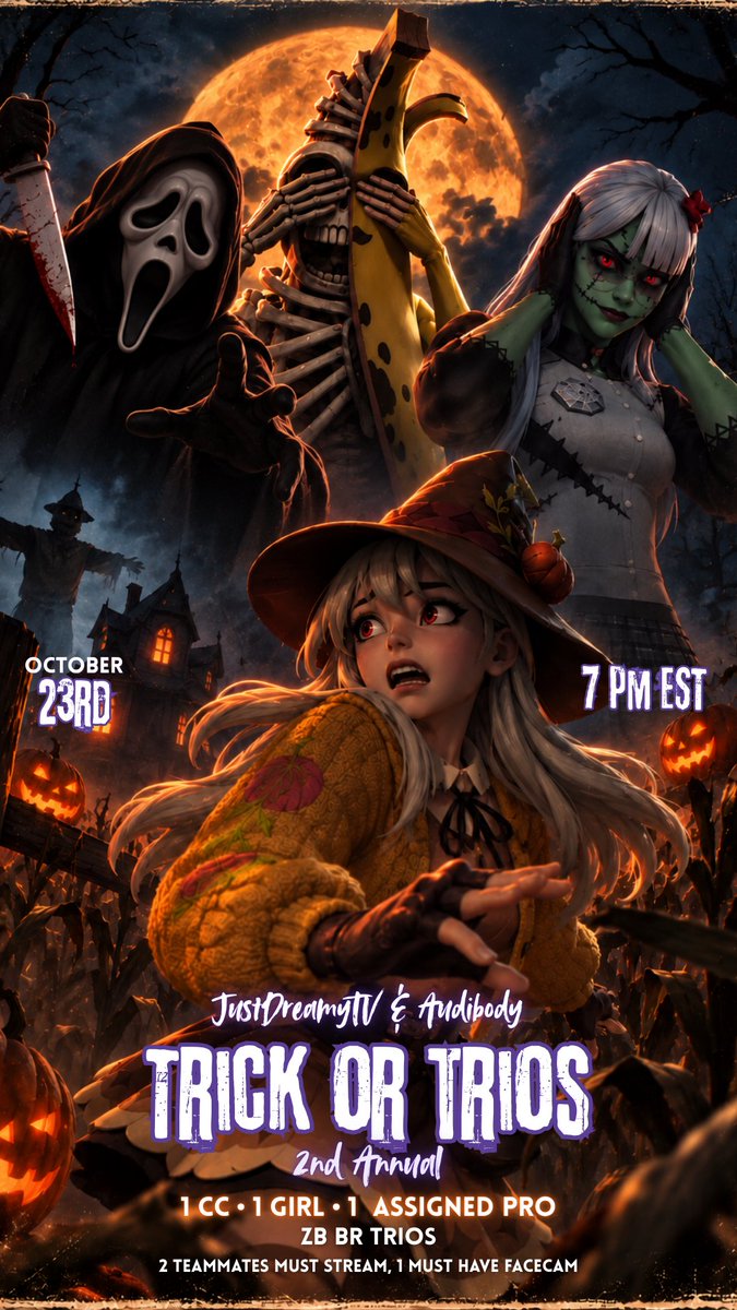 justdreamytv's tweet photo. 🎃My 2nd Annual TRICK OR TRIOS is here!

We're looking for:
33 CONTENT CREATORS + their girl duos 🙈🙉
33 PROS we will assign to a duo 🙊

@Audibodyttv &amp; I are bringing chaos, challenges, and Halloween fun 🦇

👻6 games with spooky twists
💰$500 PRIZE POOL
📅October 23rd, 7PM EST https://t.co/rS7Pe4b490