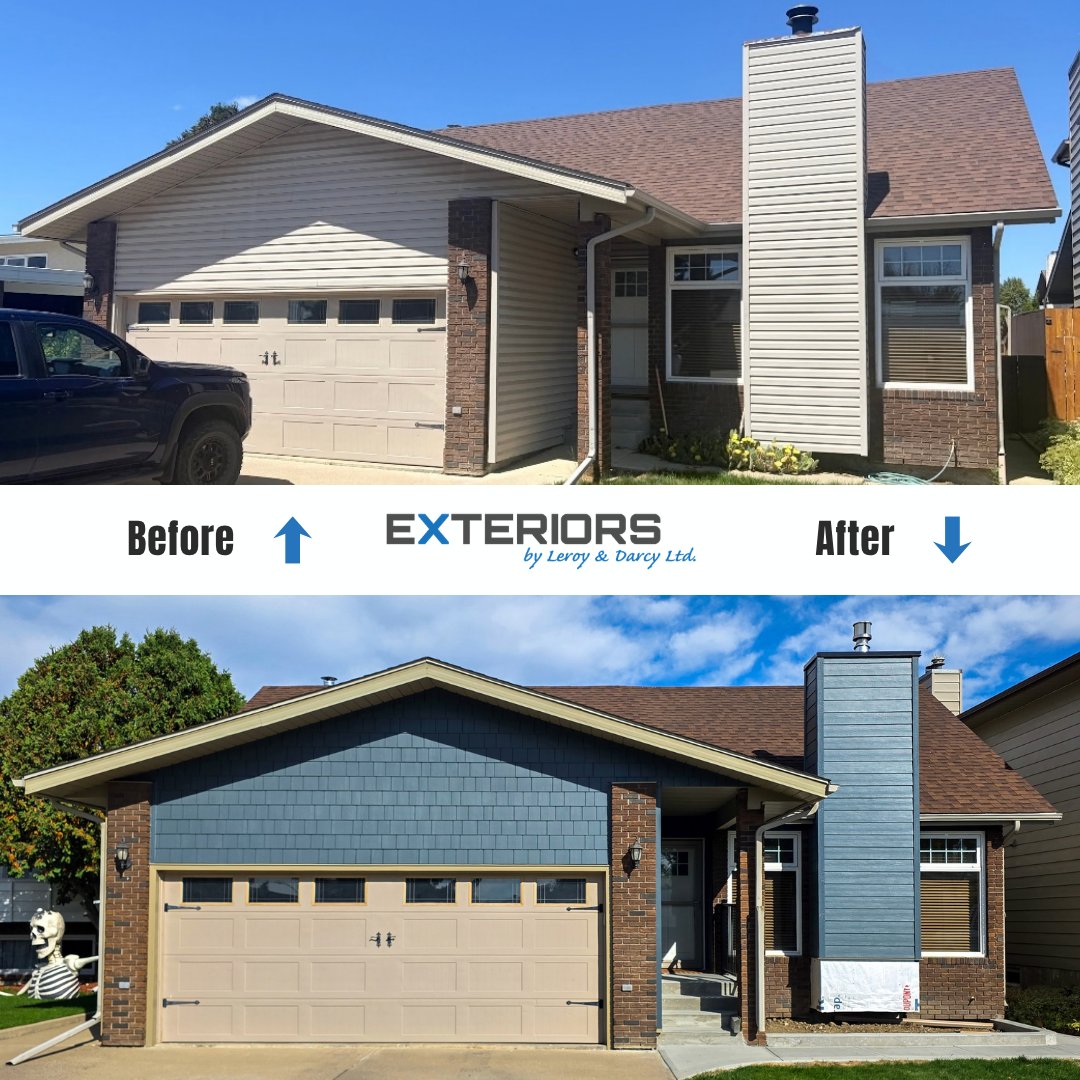 Exteriorsld's tweet photo. What a difference! 🙌💙 Fresh makeover in Lethbridge using @JamesHardie Evening Blue lap &amp; shakes, @lpcorp Smartboard corners, and @MachineMetals custom garage door cladding!
​Get a free quote today:
🔗 https://t.co/f92hRIsQUe
📞 (403) 327-9113
​#ExteriorsByLeroyAndDarcy #YQL https://t.co/oaPGwbcAKt