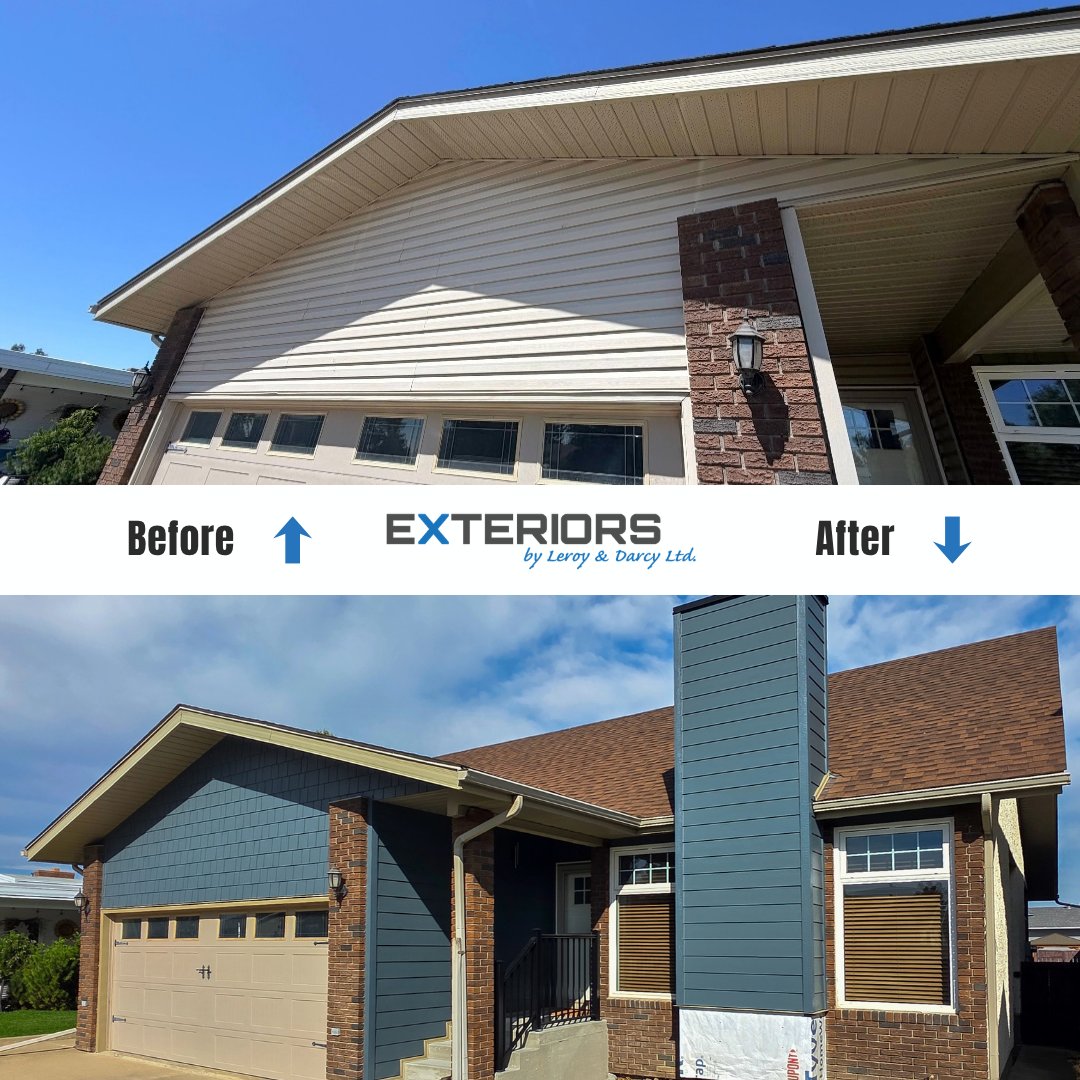 Exteriorsld's tweet photo. What a difference! 🙌💙 Fresh makeover in Lethbridge using @JamesHardie Evening Blue lap &amp; shakes, @lpcorp Smartboard corners, and @MachineMetals custom garage door cladding!
​Get a free quote today:
🔗 https://t.co/f92hRIsQUe
📞 (403) 327-9113
​#ExteriorsByLeroyAndDarcy #YQL https://t.co/oaPGwbcAKt
