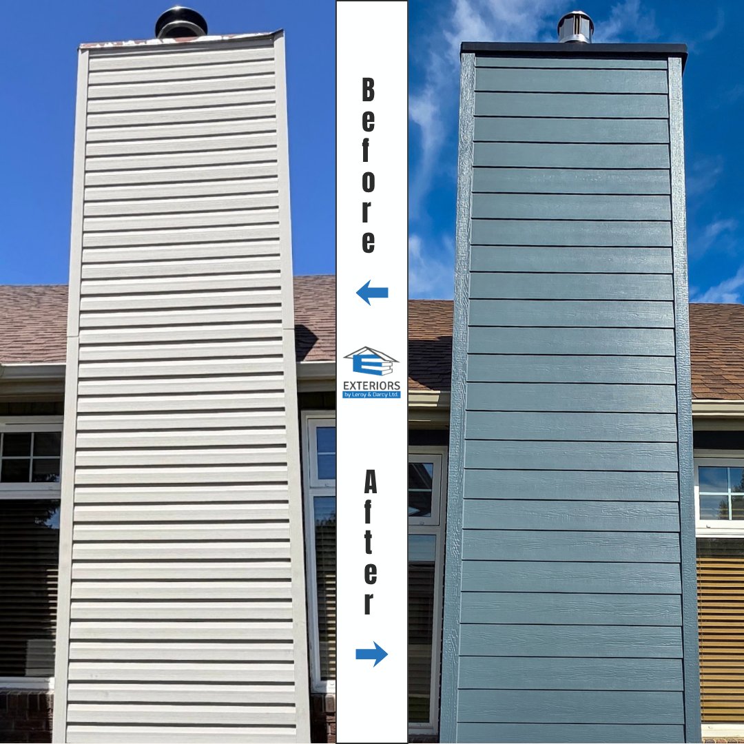 Exteriorsld's tweet photo. What a difference! 🙌💙 Fresh makeover in Lethbridge using @JamesHardie Evening Blue lap &amp; shakes, @lpcorp Smartboard corners, and @MachineMetals custom garage door cladding!
​Get a free quote today:
🔗 https://t.co/f92hRIsQUe
📞 (403) 327-9113
​#ExteriorsByLeroyAndDarcy #YQL https://t.co/oaPGwbcAKt