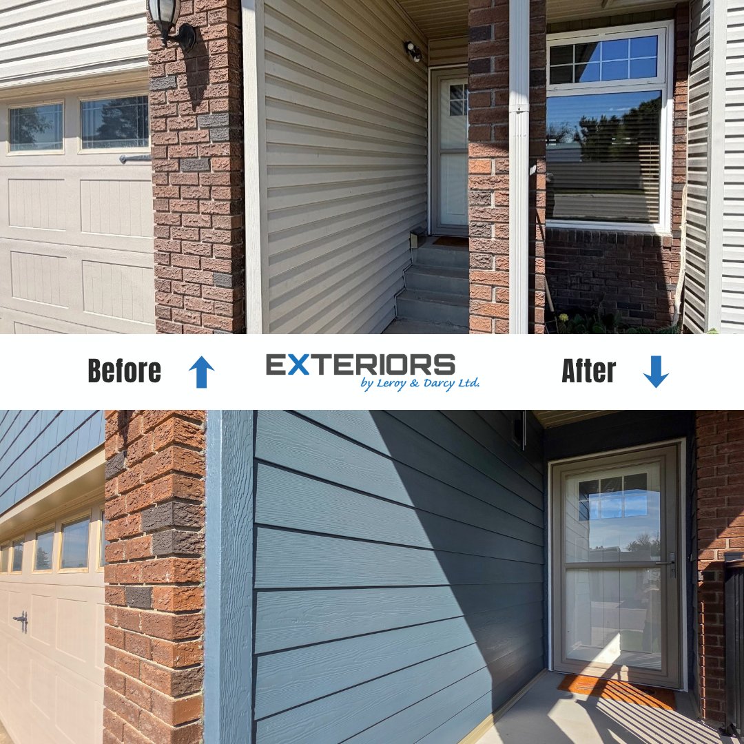 Exteriorsld's tweet photo. What a difference! 🙌💙 Fresh makeover in Lethbridge using @JamesHardie Evening Blue lap &amp; shakes, @lpcorp Smartboard corners, and @MachineMetals custom garage door cladding!
​Get a free quote today:
🔗 https://t.co/f92hRIsQUe
📞 (403) 327-9113
​#ExteriorsByLeroyAndDarcy #YQL https://t.co/oaPGwbcAKt