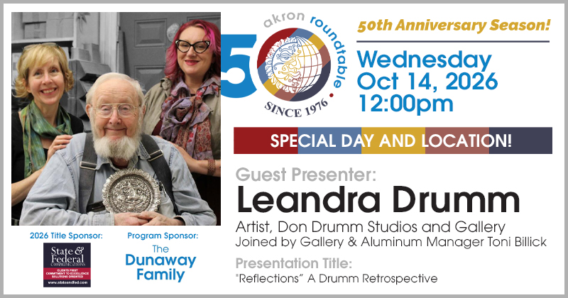 AkronRoundtable's tweet photo. Our next event with Leandra Drumm of @DonDrummStudios takes place outside our normal schedule / location. Please join us on WED, 10/14, noon, at DOUBLETREE BY HILTON AKRON/FAIRLAWN. Join us for "'Reflections,' A Drumm Retrospective." Reserve at https://t.co/4JOPgeyVWY. https://t.co/saWEH5of7t