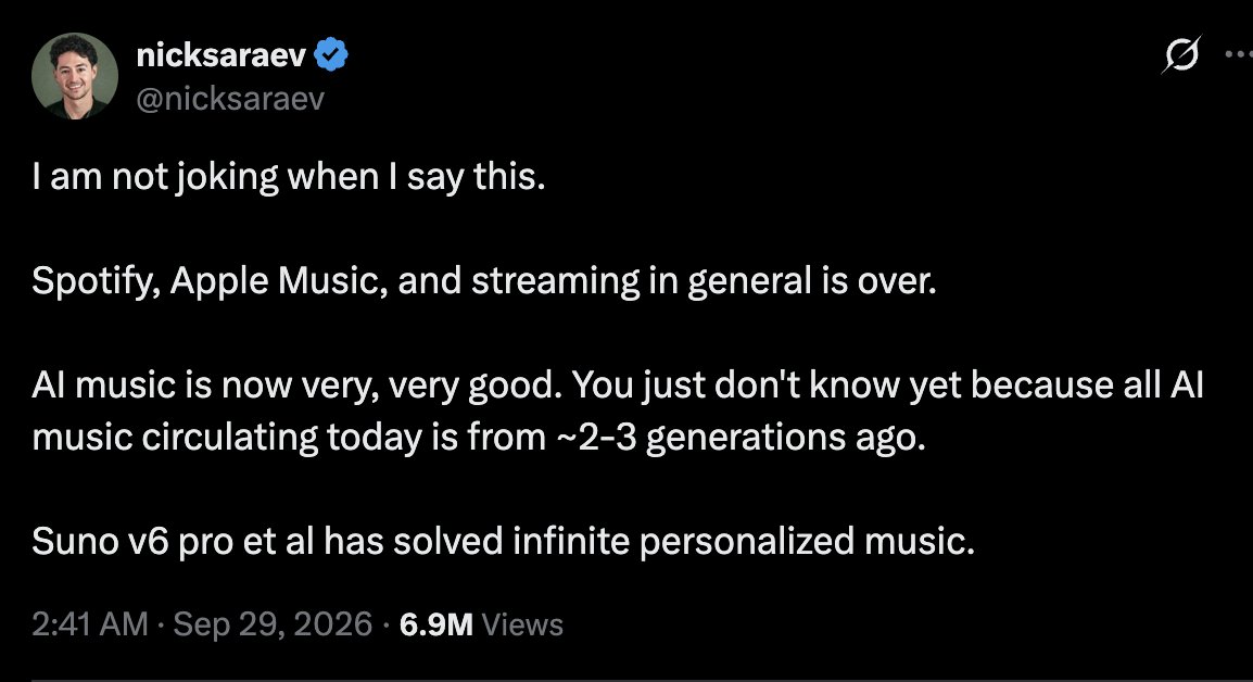 caitoz's tweet photo. There is no such thing as "AI music" or "AI art". AI cannot make music. It cannot create the experience of an artist using skill and intention to transport something from inside them into an audience through vibrations in the air. It can only mimic the noises of that encounter.

It's like saying "Look, there's no need to converse with anyone anymore because they've invented a machine which makes noises that sound like human speech!" You'd want to tell them "Hey, that's not the same thing mate. You're talking about a completely different experience which in no way satisfies what people are looking for in a conversation."

Proponents of generative AI will sometimes say things like "I played an AI song for my friend who hates AI, and he loved it!" like that proves something, the argument being that if you can't tell the difference then there is no difference. But that's the same as saying there would be no difference between getting catfished by a chatbot and truly finding the love of your life.

When you're talking about human interaction, which is what art is at its very nature, it absolutely does matter if there's someone on the other end of it. Of course it does. "AI art" does not meet the same needs as real art, in the same way a chatbot that generates friendly words would not meet the same needs as a real friend. 

Sure generative AI can produce a noise that sounds a lot like the noise made when a fiddler runs her bow across the strings. It can even produce an effect that looks like a video of a fiddler playing a fiddle at the same time. But there is no fiddler, and there is no fiddle, so it's not fiddle music. It's just something that SOUNDS like fiddle music.

The same is true of all music, and all art, and the entire range of ways human beings connect to each other. Merely looking and sounding like something is not the same as being that thing. They can generate a chatbot effect for you that looks and sounds like your dead husband, but it will never BE your dead husband, and it would not be healthy for you to pretend it's the same thing.

Generative AI fans frequently display their aversion to exploring the depths of their humanity in the way they'll stand in public saying "Look, this machine can mimic the sounds of a musician, so normal music is obsolete!" It's like, what? What do you think music is, exactly? Just noises with a beat you can dance to? I mean I guess that's all it is for some people, but those people are having a very shallow experience of the thing that music is, and probably a very shallow experience of life in general.

An effect that simply goes through the motions of imitating art can only appeal to someone who has just been going through the motions of living their life. If you don't understand the significance of the difference between real human connection and something that merely looks and sounds like it, then that means your whole life is about the appearances of things rather the things themselves. It doesn't matter if your boyfriend really loves you, it just matters that he never leaves. It doesn't matter if your wife really enjoys having sex with you, it only matters that she puts out and makes it fun for you. It doesn't matter if your adult children enjoy spending time with you, it just matters that they turn up to family functions and show you the respect you feel you are owed.

People like this are missing out on so very, very much of the human experience, but they don't know it because they've never explored anything outside their immediate comfort zone. They want custom-made music feeding them "infinite personalized music" that sounds like the songs they already know they like. They want custom-made podcasts of artificially generated voices feeding them political opinions they already agree with. They want a robotic spouse that caters to their every physical and egoic desire, and they'll buy them up as soon as they become available.

Don't be like them. Don't live like that. Don't life your life running from true human connection. Don't be a coward hiding from your own inner dimensions. Dive into the depths of this crazy human adventure. Explore. Expand. Be vulnerable. Be brave. Otherwise you're just killing time and waiting for death in the shallow end of the pool.