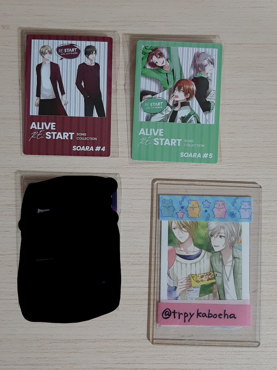 trpykabocha's tweet photo. 【交換】 ツキプロ ALIVE RE:START SONG COLLECTION リスタート メーカー特典トレーディングカード トレカ

求：Growth　#４（昂輝&amp;涼太）

譲：SOARA(Ｂ) #４、５
　　QUELL#4～６

１枚からでもお気軽にお声がけください

郵送交換になります https://t.co/9ASNqvA0px