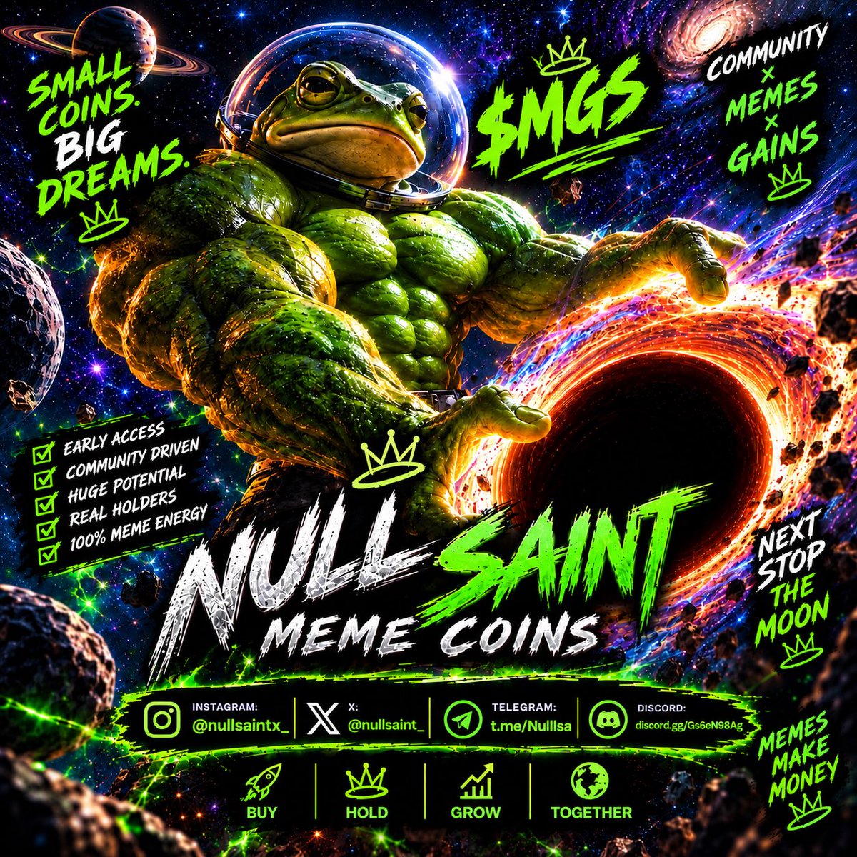 NullSaint_'s tweet photo. $MGS — SPACE FROG HAS LANDED. 🌌

Small coin. Big dreams. 🐸

🪐 $MGS
👑 Powered by the NULLSAINT community
🚀 Meme energy
🌌 Space-bound
🐸 Built for the culture

No boring roadmap. Just memes, community, and the Space Frog.

NEXT STOP: THE MOON. 🐸🌕

X: @nullsaint_
Instagram: @nullsaintx_
Telegram: https://t.co/jj2O9Zbvoz
Discord: https://t.co/4ngrXpiTGS 
#MGS #SpaceFrog #MemeCoin #Crypto #Solana