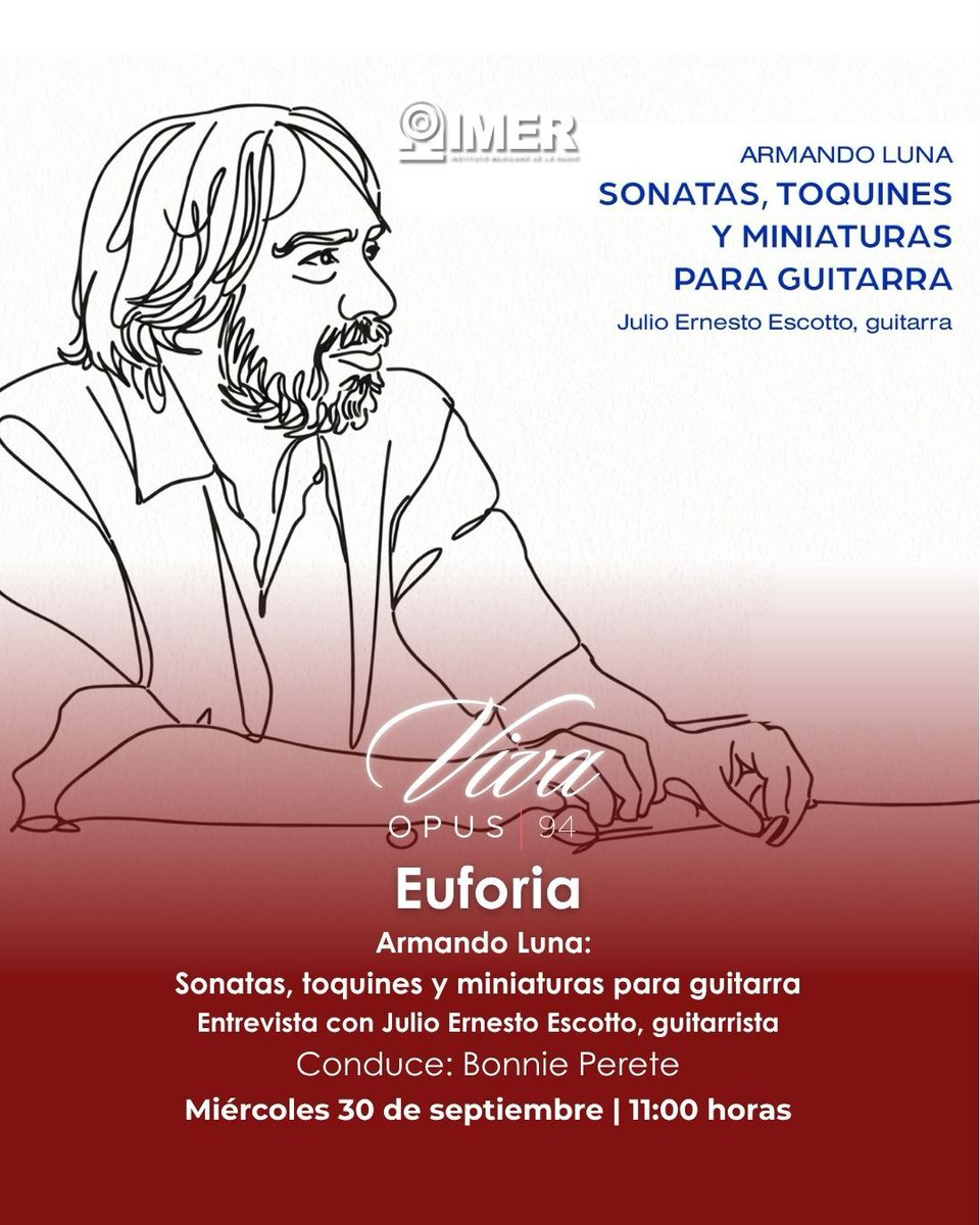 Opus945fm's tweet photo. Esta mañana en #Euforia, Bonnie Perete charla con
el guitarrista Julio Ernesto Escotto sobre sonatas, toquines y miniaturas del compositor Armando Luna.
⏲ 11 h
📻 94.5 fm CDMX
🌐 https://t.co/q1H8Csh1O4 https://t.co/mPiD8hGHhF