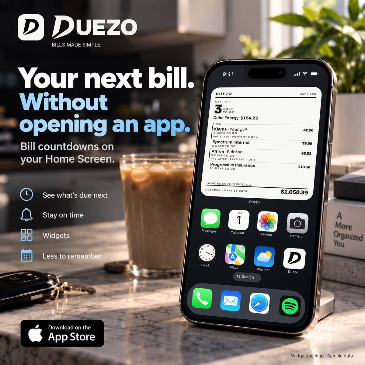 DuezoApp's tweet photo. Your next bill. Without opening an app.

Duezo puts bill countdowns on your iPhone Home Screen.

No budgets. No bank linking. https://t.co/4VYJxjY2TS
