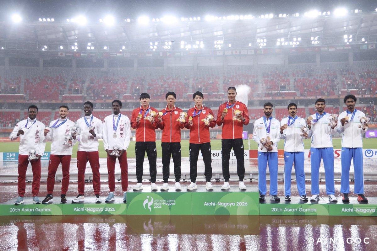 jaaf_official's tweet photo. /／
【#アジア大会】
\＼

✨表彰式✨✨✨✨✨✨
◆男子4×400mリレー
1位🥇🇯🇵日本　3分00秒75

🇯🇵#佐藤風雅（ミズノ）
🇯🇵#林申雅（筑波大学）
🇯🇵#今泉堅貴（内田洋行AC）
🇯🇵#中島佑気ジョセフ（富士通）
✨✨✨✨✨✨✨✨✨

おめでとうございます🙌
応援ありがとうございました🇯🇵

📣選手への応援メッセージ大募集‼️
https://t.co/e50PE5sb8V
✅結果など特設サイトでチェック
https://t.co/NPQIbPc2Bk

#愛知名古屋2026 #TEAMJAPAN #ともに一歩踏み出す勇気を #JAAF #陸上