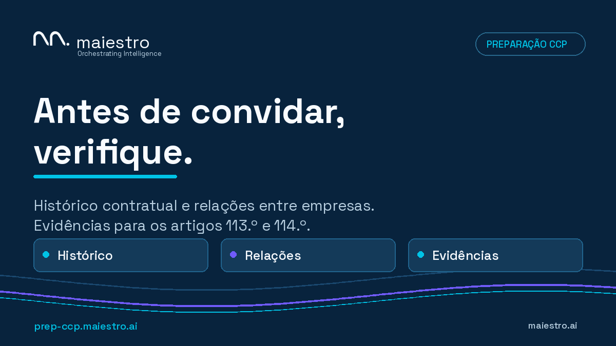 maiestroai's tweet photo. Antes de convidar uma entidade, que histórico contratual e relações entre empresas devem ser analisados? O Preparação CCP MCP reúne evidências para os artigos 113.º e 114.º. A decisão continua com a equipa. Conheça o beta: https://t.co/1eeQk1dXXh https://t.co/7jUApwBnQh