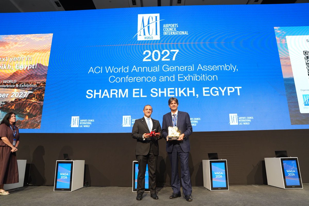 ACIWorld's tweet photo. 🌍 The handover is official. Sharm El Sheikh, you’re next.

As #WAGA2026 comes to a close in Lima, we look ahead to WAGA 2027 in Sharm El Sheikh, 16–22 October 2027, hosted by EHCAAN (@ehcaanEg) and co-organized by @ACI_Africa. 

Thank you to our ACI-LAC and Lima Airport colleagues for a great week.

Media release: https://t.co/QSowXixe6S

#WAGA2027 #ACIWorld

@ACI_LAC 
@AeroJorgeChavez