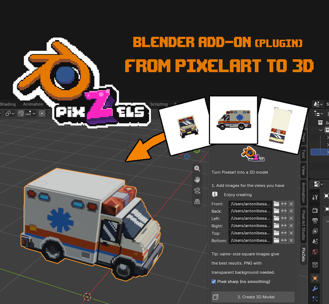 A promotional graphic for a Blender add-on called 'Pix2Zels' with the text 'BLENDER ADD-ON (PLUGIN) FROM PIXELART TO 3D', showing a 3D pixel art ambulance model and screenshots of the interface.
