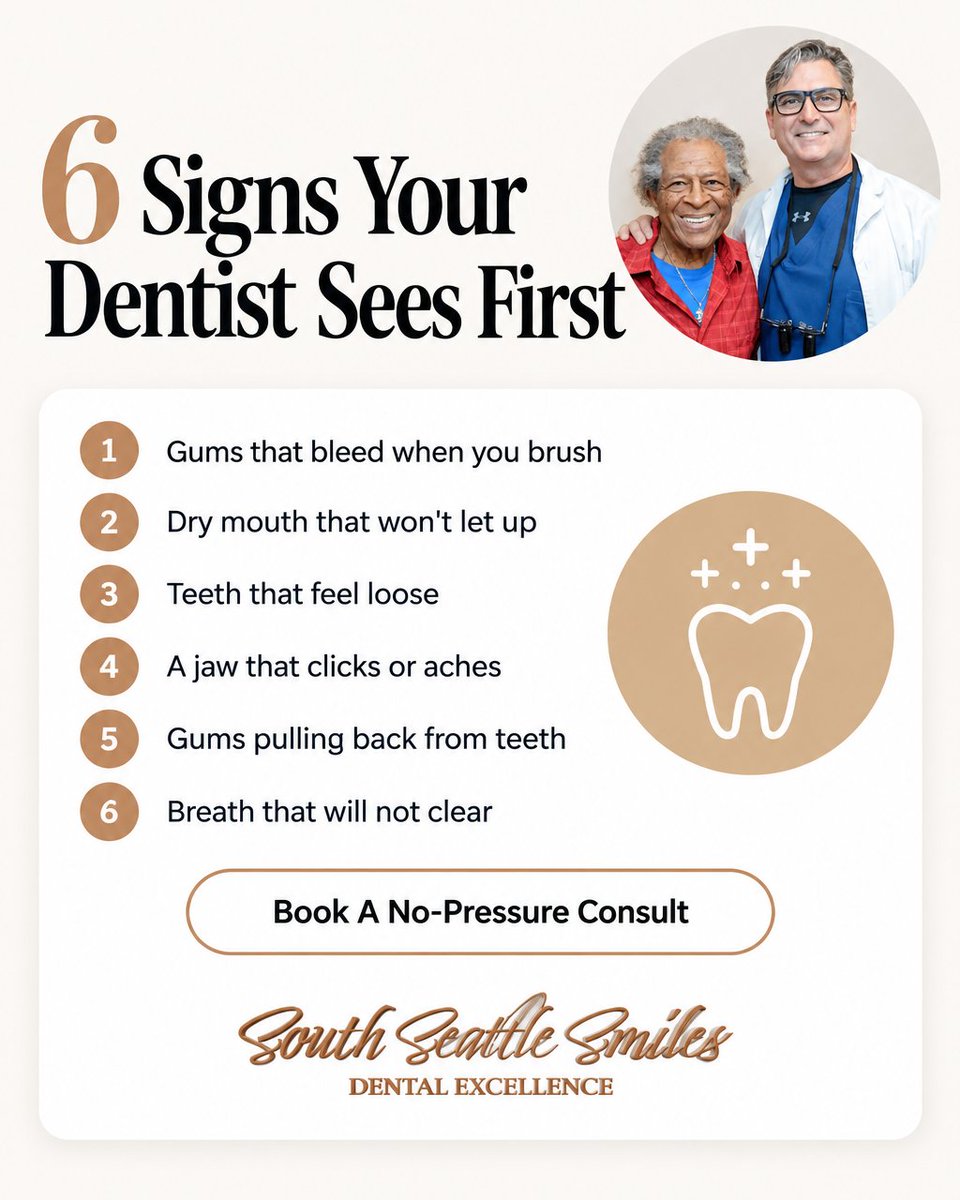 SSeattleSmiles's tweet photo. You can't see most of these. Your dentist can.

6 to watch: bleeding gums, dry mouth, loose teeth, jaw aches, receding gums, breath that won't clear.

Checkups catch what mirrors don't. Save this.

South Seattle Smiles https://t.co/bcezxhDVc3
