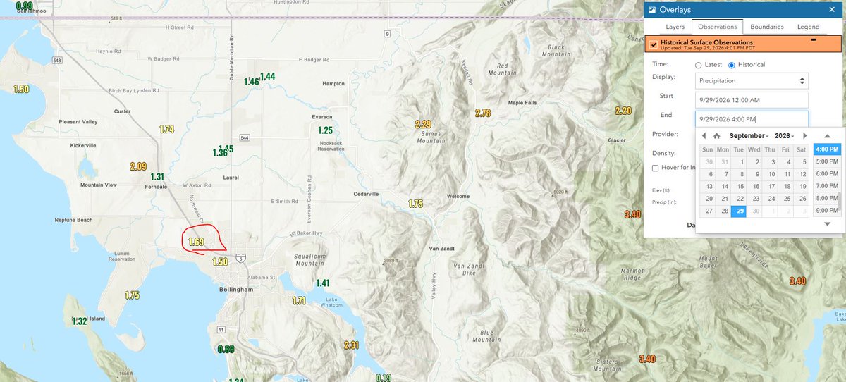 RandySmall's tweet photo. WOW! BLI broke its daily record by a mile with an unofficial 1.69" of precip today. The old record was .98" from 2005. If the final number is correct, this will go down as the 4th wettest day in September history for BLI!!

#bli #bellingham #whatcomcounty #PNW #wawx https://t.co/OuHunP5Ssf