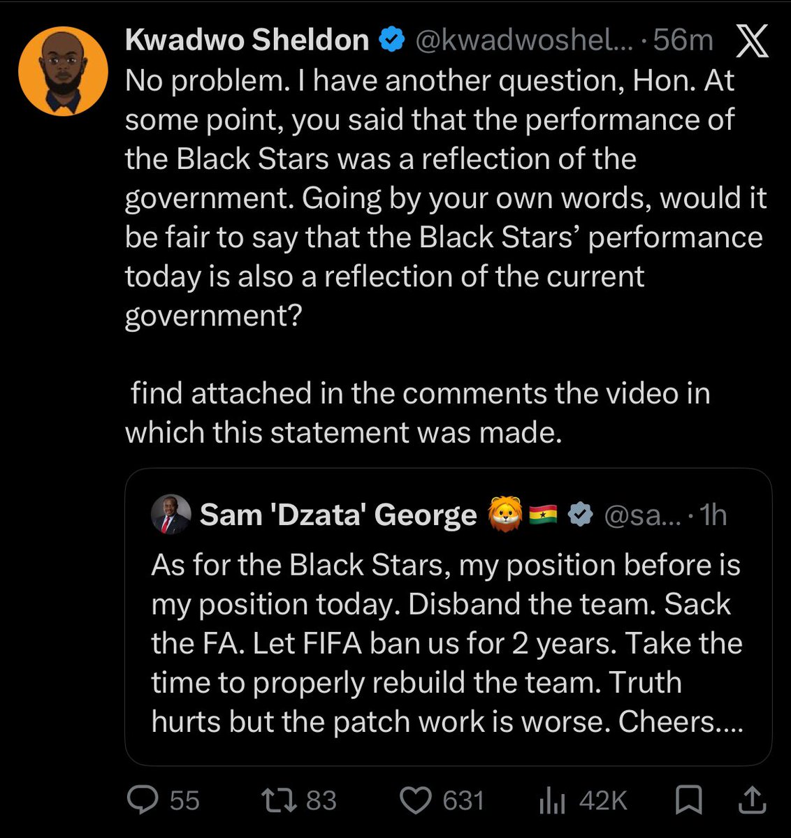 imbhaddest's tweet photo. @samgeorgegh I don’t know why @kwadwosheldon want it to be like U’re only saying this because he think u said the black star performance is a reflection of the NDC government https://t.co/Ys9hoqRQE1