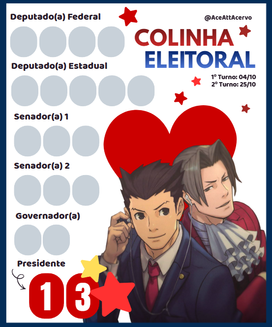 AceAttAcervo's tweet photo. Nós não íamos ficar de fora não! Colinha eleitoral de WrightWorth, KlaPollo, FranMaya e AsoRyuu para vocês preencherem! 🇧🇷🚩⭐️

Feitos respectivamente por: Acervo, Ámbar (@yowaitsu_), Mah (@MahCarello) e Say (@yamastars_) https://t.co/7XDO5cexXY