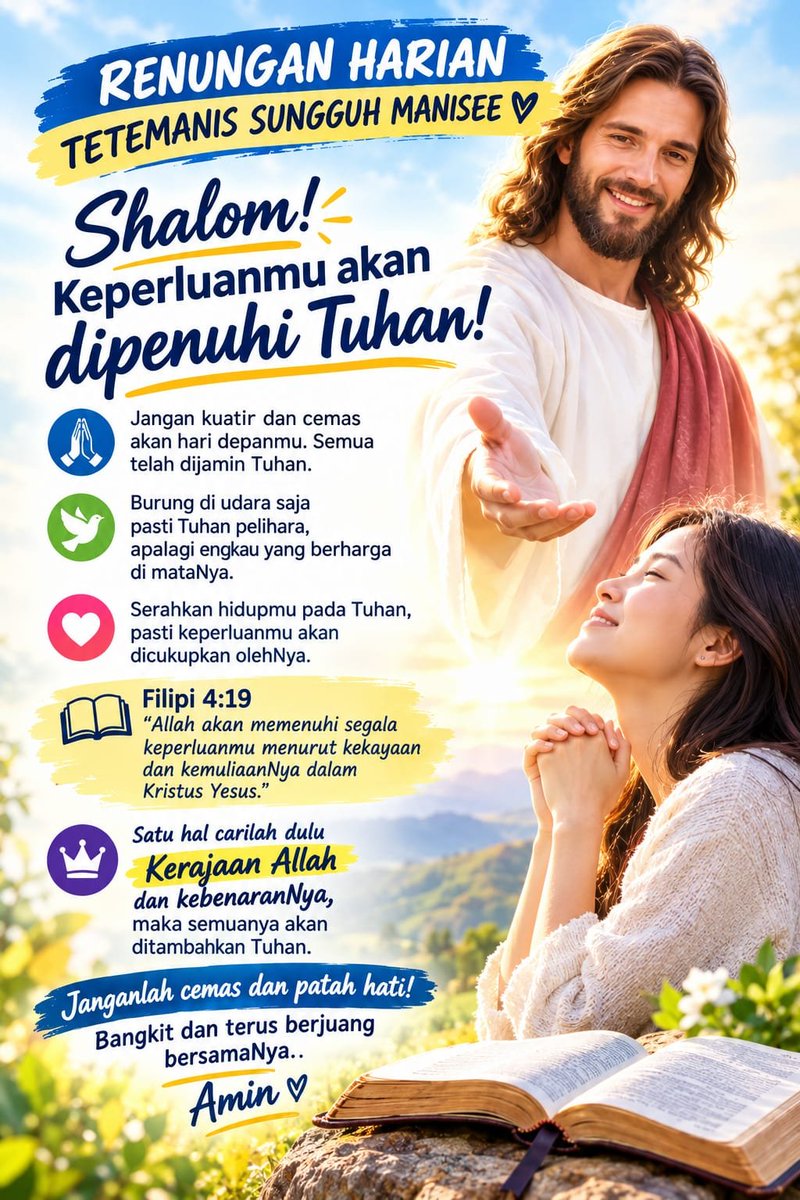 lemuel_marthen's tweet photo. RENUNGAN HARIAN TETEMANIS SUNGGUH MANISEE

Shalom! Keperluanmu akan dipenuhi Tuhan!
.
#Filipi4:10-20
#Filipi4:19
#LordJesusYourSavior
#TuhanYesusJuruSelamatHidupmu
#HappyWednesdayMorning

               https://t.co/9jXmP5XlxZ https://t.co/8KjeD8xi68