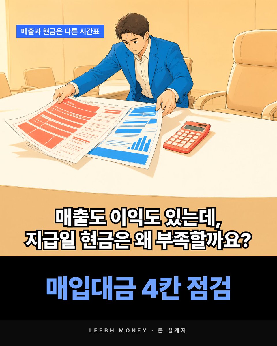 leeBH_money's tweet photo. 매출도 이익도 있는데, 지급일 현금은 왜 부족할까요?

하지만 4칸을 적으면 놓친 곳이 보입니다.

거래처 / 지급일 / 필요액 / 대표 부재 시 승인자.
9월 30일 세무 일정은 회사별 적용 대상을 확인하세요.

출처: 국세청 2026년 9월 세무일정
#CEO설계도 https://t.co/fL5dtFVxI6