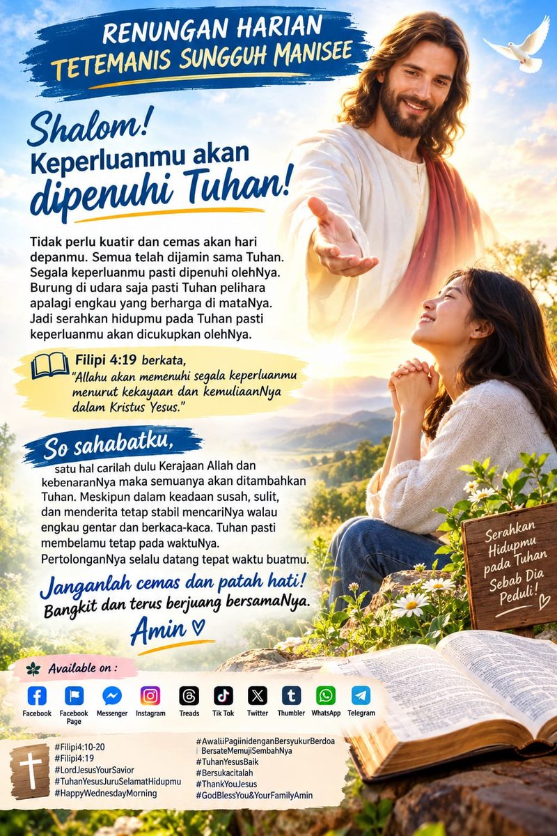 lemuel_marthen's tweet photo. RENUNGAN HARIAN TETEMANIS SUNGGUH MANISEE

Shalom! Keperluanmu akan dipenuhi Tuhan!
.
#Filipi4:10-20
#Filipi4:19
#LordJesusYourSavior
#TuhanYesusJuruSelamatHidupmu
#HappyWednesdayMorning

               https://t.co/9jXmP5XlxZ https://t.co/8KjeD8xi68