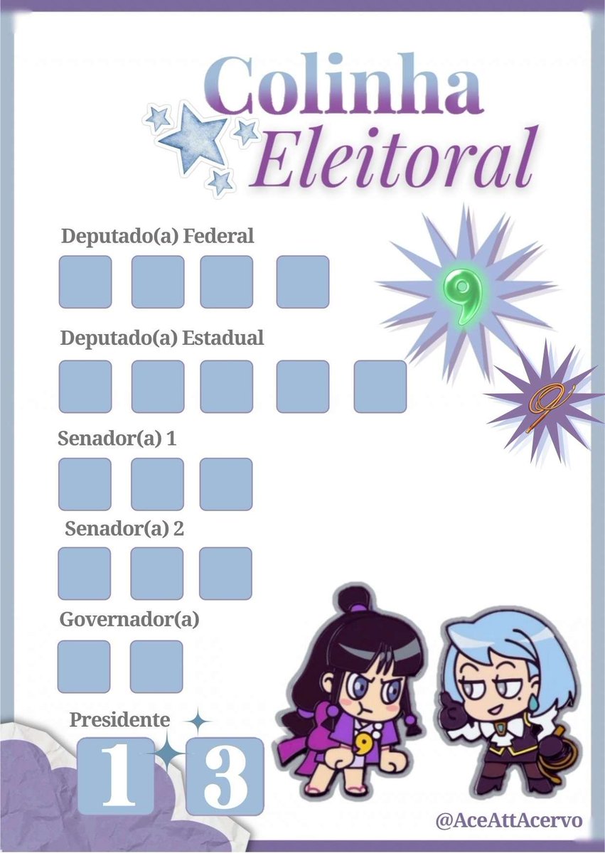 AceAttAcervo's tweet photo. Nós não íamos ficar de fora não! Colinha eleitoral de WrightWorth, KlaPollo, FranMaya e AsoRyuu para vocês preencherem! 🇧🇷🚩⭐️

Feitos respectivamente por: Acervo, Ámbar (@yowaitsu_), Mah (@MahCarello) e Say (@yamastars_) https://t.co/7XDO5cexXY