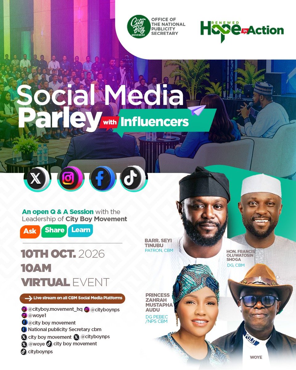andyjordanx's tweet photo. The conversation begins!
CityBoy Movement launches Social Media Parley.
An open platform to ask tough questions & engage directly.
Maiden Topic: "If I Don't Give You 24/7 Power, Don't Vote for Me"
📅 Oct 10 | 10AM | Virtual
#CityBoyMovement #RenewedHope https://t.co/OloO895wO9