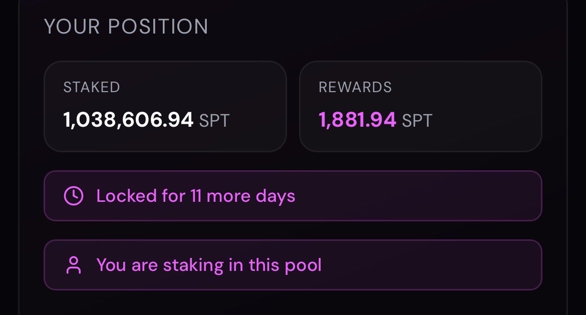 Sk8erdude114's tweet photo. 1,038,606 $SPT staked. 🔒
1,881 $SPT in rewards and counting. ⚡️
Putting the tokens to work with StakePoint instead of letting them sit idle.
11 days left on the lock.
Position secured. Rewards stacking. 📈
Stake. Earn. Repeat.
@stakepointapp
#StakePoint #SPT #Staking #Crypto https://t.co/2fIZGk88nH