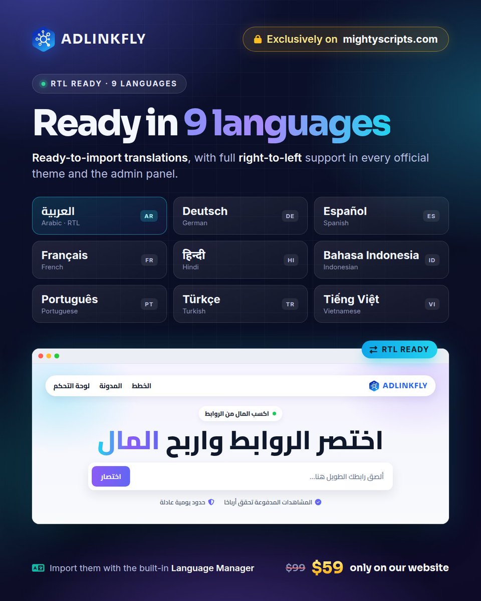 MightyScripts's tweet photo. 🌍 RTL ready, in 9 languages

Ready-to-import translations in Arabic, German, Spanish, French, Hindi, Indonesian, Portuguese, Turkish and Vietnamese.

Every official theme and the admin panel support right-to-left languages, and the new Language Manager handles the rest. https://t.co/KaiL48a7c0