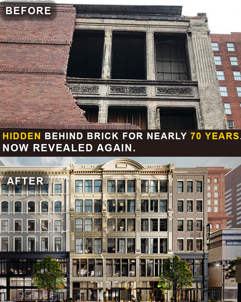 archpng's tweet photo. For nearly 70 years, this 19th-century Cincinnati façade was hidden behind a plain wall of red brick.

The Race Street building dates to the late 1800s, but in 1951 it underwent a dramatic renovation. Its fifth and sixth floors were removed, while the original Victorian-era exterior was covered with a modern brick façade.

Decades later, redevelopment crews stripped away the brick and uncovered the surviving stonework, tall window openings and decorative details that had remained concealed underneath.

The building is being transformed into a Home2 Suites by Hilton, with its lost upper floors reconstructed as part of the project.

Image source: 3CDC