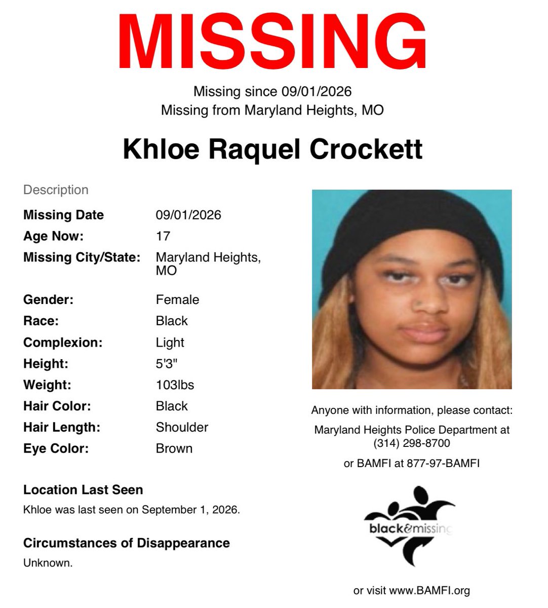 BAM_FI's tweet photo. #MarylandHeights, #MO: 17y/o Khloe was last seen on September 1. She may be wearing a blonde or blue wig.

Have you seen her?

Please SHARE to #HelpUsFindKhloeCrockett #HelpUsFindUs #KhloeCrockett https://t.co/y4rN6YP9jU
