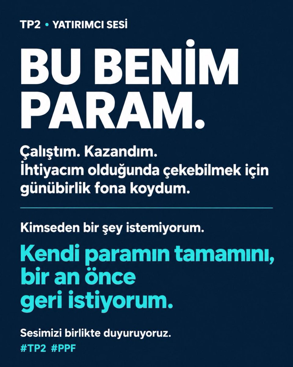 MrEnginar's tweet photo. 🚨🚨 Lütfen PPF Paramızı TAM Ödeyin 🚨🚨

Biz içeride kilitli kaldık. Paramız kasamızda mevcut. Biz kimseden PARA DİLENMİYORUZ. 

1’e 100 kazanmadık. Mevduat eşleniğiz. 
Bu paranın TAM ve EKSİKSİZ ÖDENMESİ çok önemlidir. 

Lütfen devlet yetkililerimiz konuya çözüm getirerek bu grubun parasını ödesin. 

#ppftamödensin