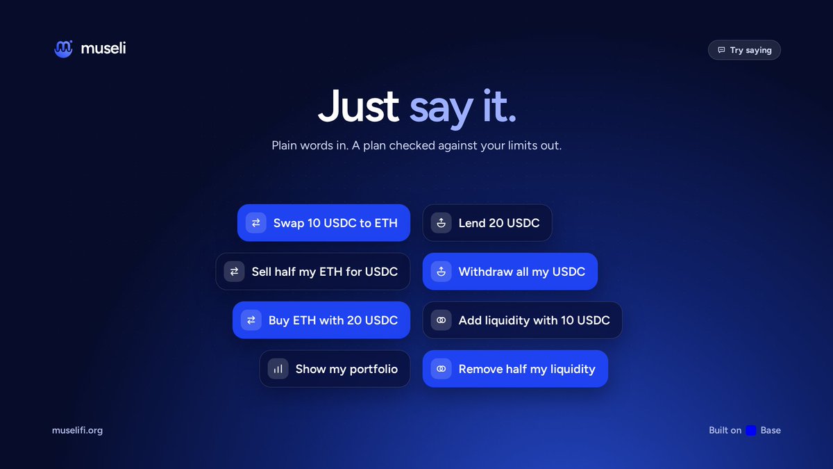 MuseliFi's tweet photo. Things you can say to your @muse agent on museli:

"Swap 10 USDC to ETH"
"Sell half my ETH for USDC"
"Lend 20 USDC"
"Withdraw all my USDC"
"Add liquidity with 10 USDC"
"Show my portfolio"

Plain words in. A plan checked against your limits out. https://t.co/3GF48y7M5O