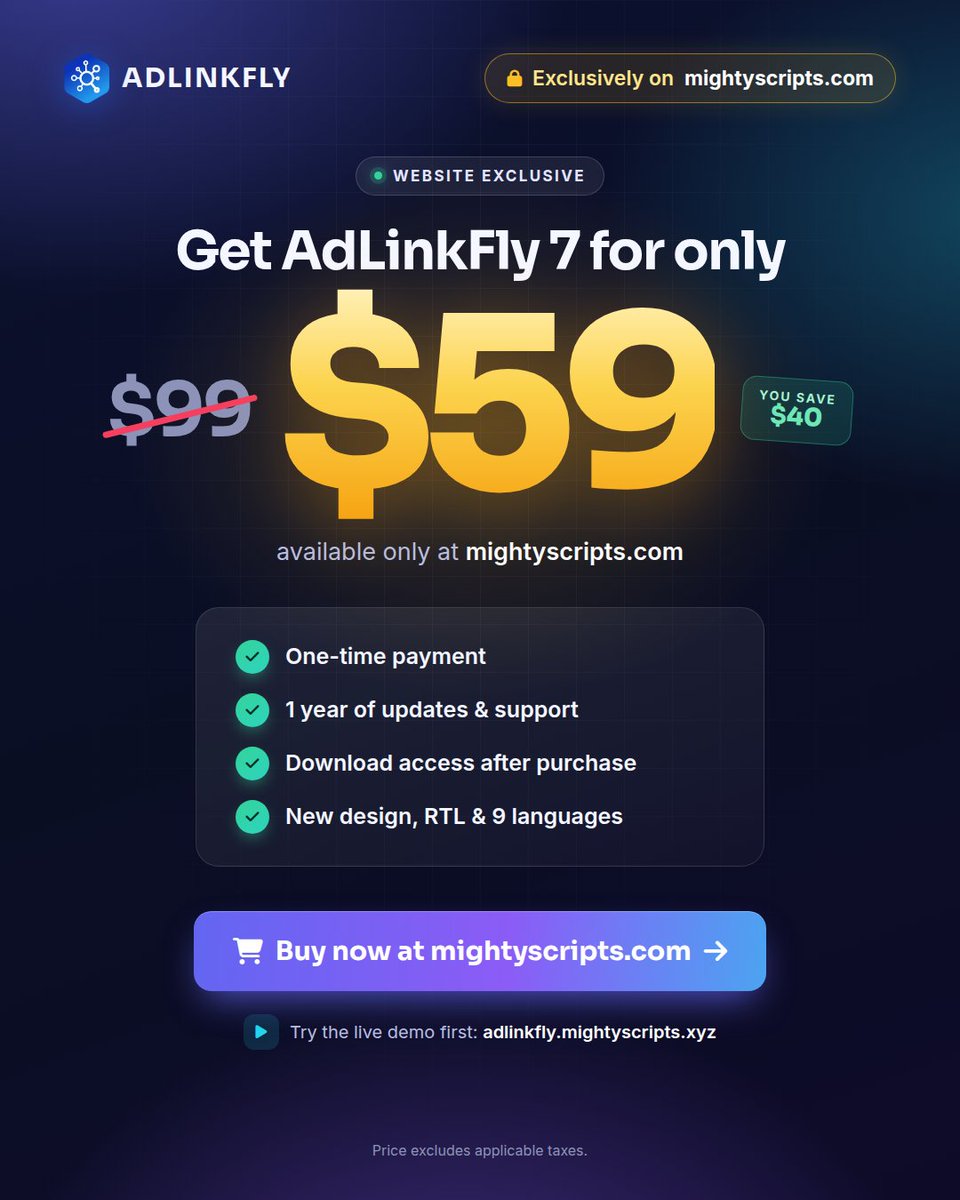 MightyScripts's tweet photo. Get AdLinkFly 7 for just $59 instead of $99, only on our website:

✅ One-time payment
✅ 1 year of updates &amp; support
✅ Download access right after purchase

🛒 https://t.co/6Y4sw4VHoU

📋 Changelog: https://t.co/BkAoL8O3Cw

#AdLinkFly #Laravel https://t.co/85ILmSZXVm