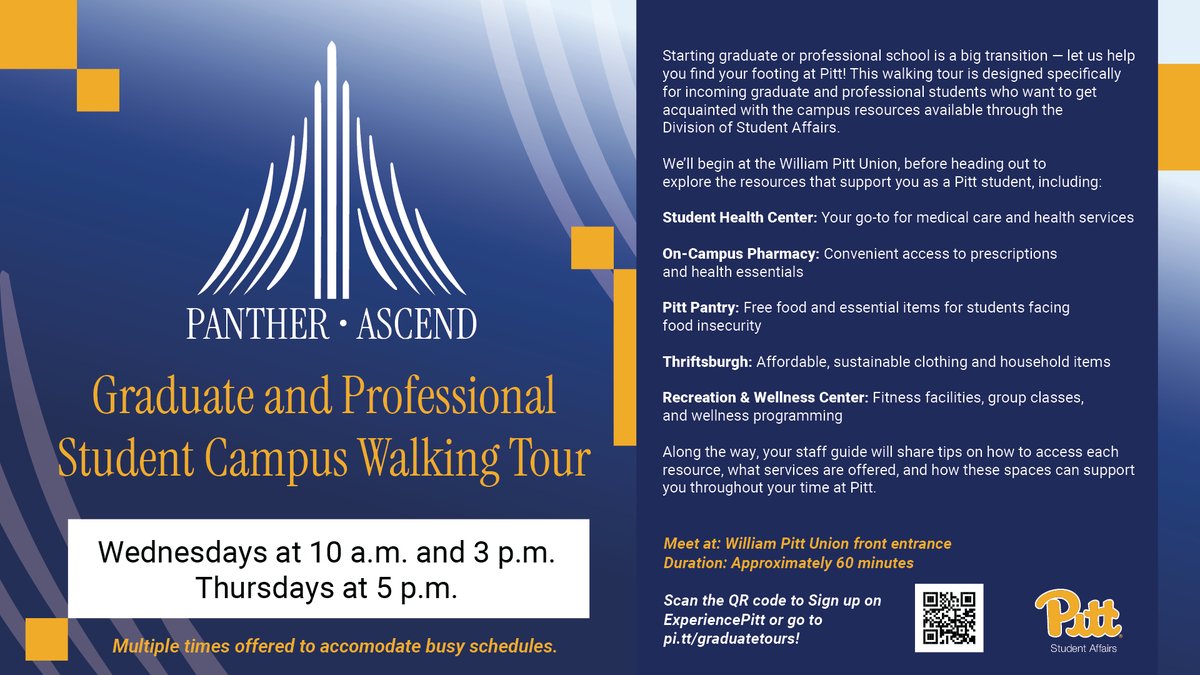 PittStudents's tweet photo. Graduate &amp; Professional students! Looking to learn about resources on campus? Panther Ascend is offering campus walking tours to learn more on where to find support at Pitt! Head to https://t.co/kOZIpGlsCD to learn more. #h2p #pittnow https://t.co/f6RoTxpVCD