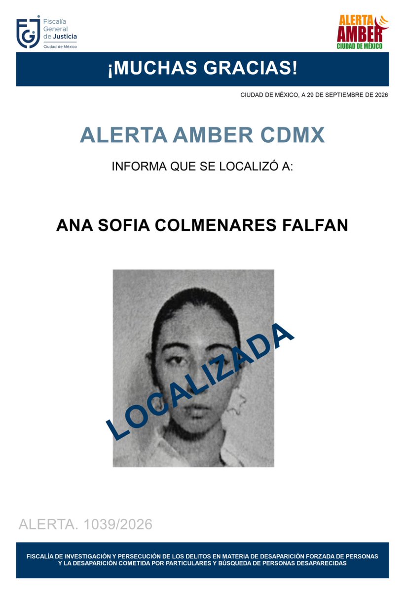 AAmberCDMX's tweet photo. Fue localizada la menor de edad, Ana Sofia Colmenares Falfan. Agradecemos a la ciudadanía, medios de comunicación e instituciones. Se desactiva #AlertaAmber https://t.co/iDRmMvEM1A