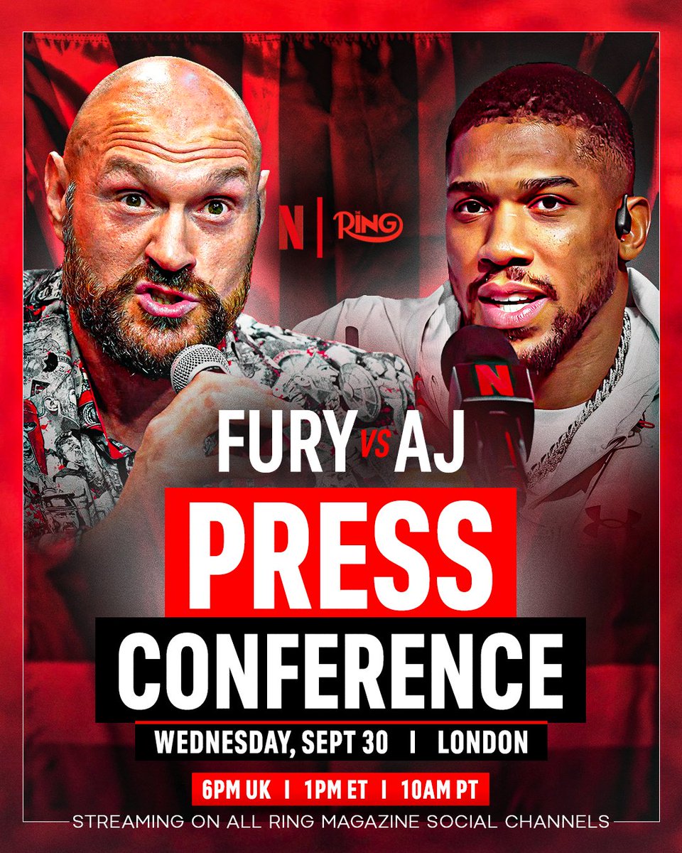 ringmagazine's tweet photo. THE FACE-OFF WE’VE ALL BEEN WAITING FOR 👀

Tyson Fury and Anthony Joshua will finally meet at tomorrow’s kickoff press conference in London 🎙️

Streaming LIVE across The Ring's socials at 6PM UK | 1PM ET | 10AM PT 📺 https://t.co/EQnxgiNw8O