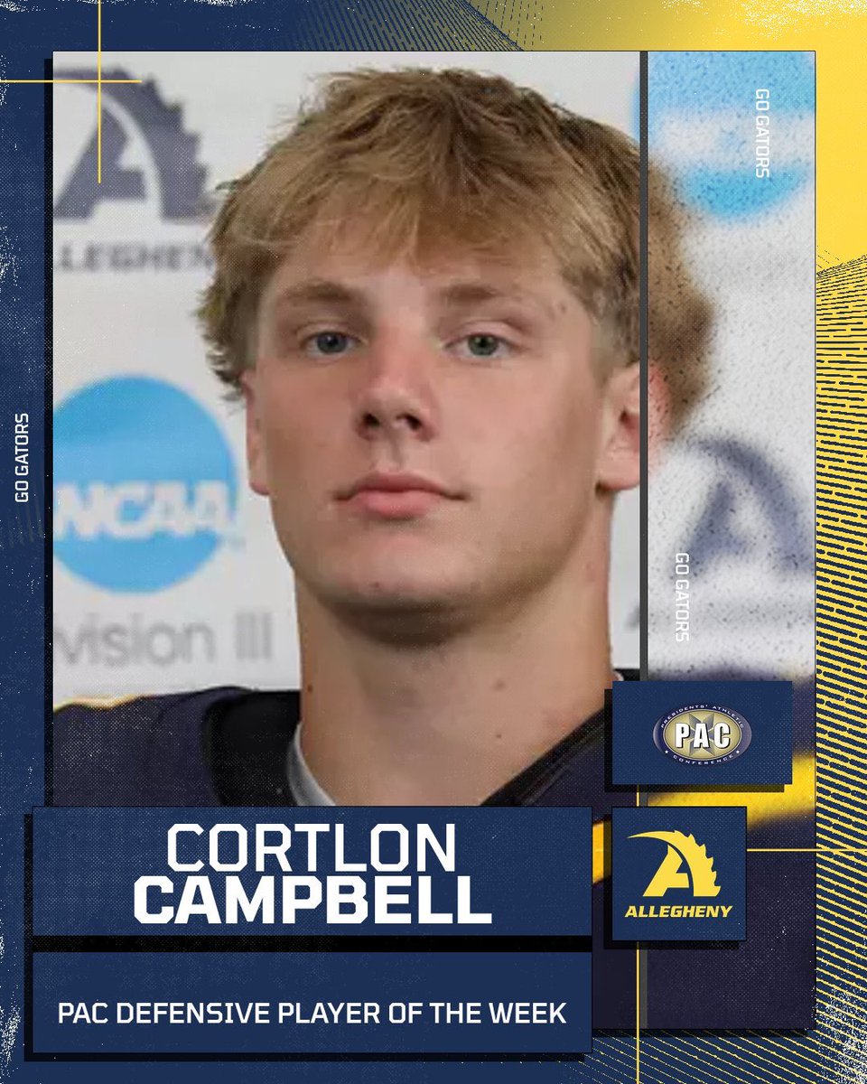 AlleghenyFB's tweet photo. Congrats to Cortlon Campbell on being named PAC Defensive Player of the Week. 

Cortlon is the second Gator of the season to receive this honor! 

#GoGators 🐊🏈 https://t.co/Ps9qVRcHe0