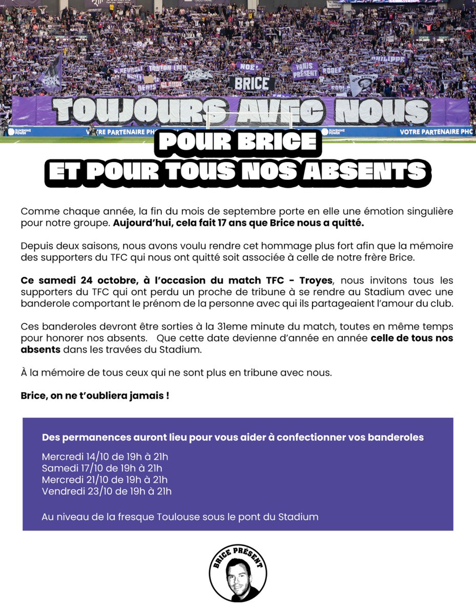 Indians_Tolosa's tweet photo. Aujourd’hui, cela fait 17 ans que Brice nous a quitté.

Cette saison, le match des disparus aura lieu le samedi 24 octobre pour TFC - Troyes.

Brice, on ne t’oubliera jamais. https://t.co/uZhLTiUIK6