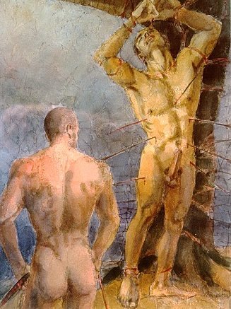 GayCult0's tweet photo. Esta releitura do martírio de São Sebastião é do artista espanhol Roig de Diego. A pintura é um marco da arte homoerótica, destacando a beleza e a anatomia dos dois corpos masculinos nus em uma composição que resgata a tradicional iconografia queer ligada ao santo. https://t.co/2vonf8Z7sq