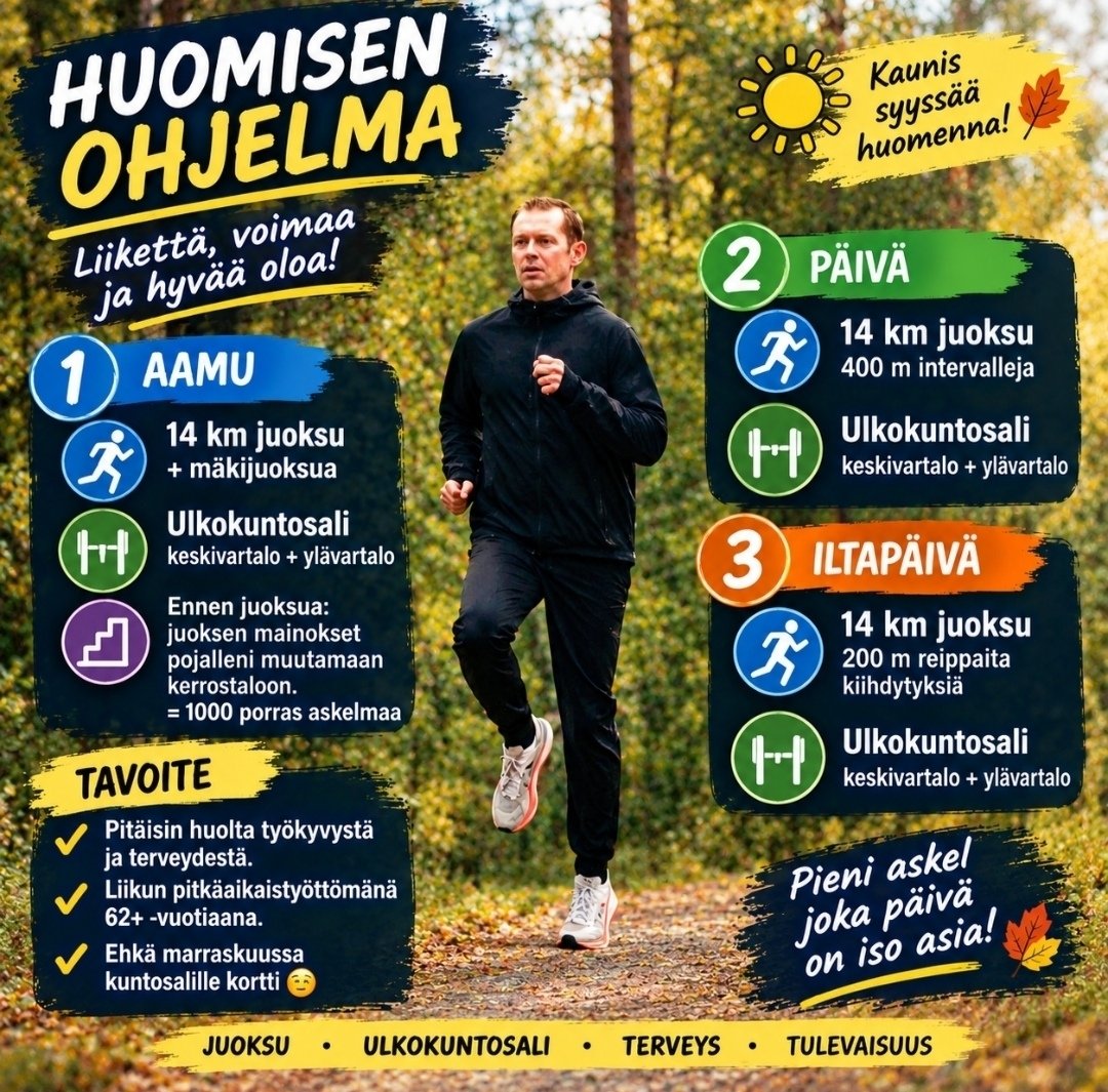 Juhateko's tweet photo. Huomenna ☀️🍂
Suomessa maalataan yli 62-vuotiaista pitkäaikaistyöttömistä synkkä kuva. Otin niskasta itseäni kiinni, päätin liikkua vihdoinkin laiskuuteni jälkeen!  Anti-aging-professori David Sinclairin protokolla: liikkeelle "tyhjällä vatsalla". https://t.co/2gDxgnxc4m