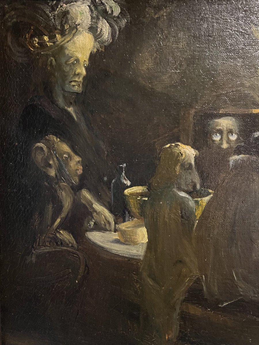 dan_aykroyd's tweet photo. My daughter Danielle and I wanted to share one of our family treasures from the Seance Room in the Old Farmhouse. We believe this is one of the eeriest and most wonderful seance depictions ever painted. Check out the details. Here’s a secret: if you flip it upside down the little wispy white and orange spirit is a skull. Anyone know who painted this?