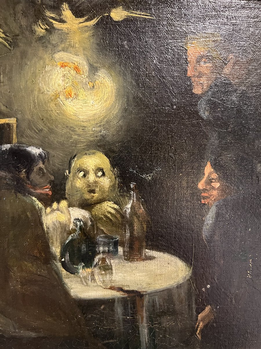 dan_aykroyd's tweet photo. My daughter Danielle and I wanted to share one of our family treasures from the Seance Room in the Old Farmhouse. We believe this is one of the eeriest and most wonderful seance depictions ever painted. Check out the details. Here’s a secret: if you flip it upside down the little wispy white and orange spirit is a skull. Anyone know who painted this?