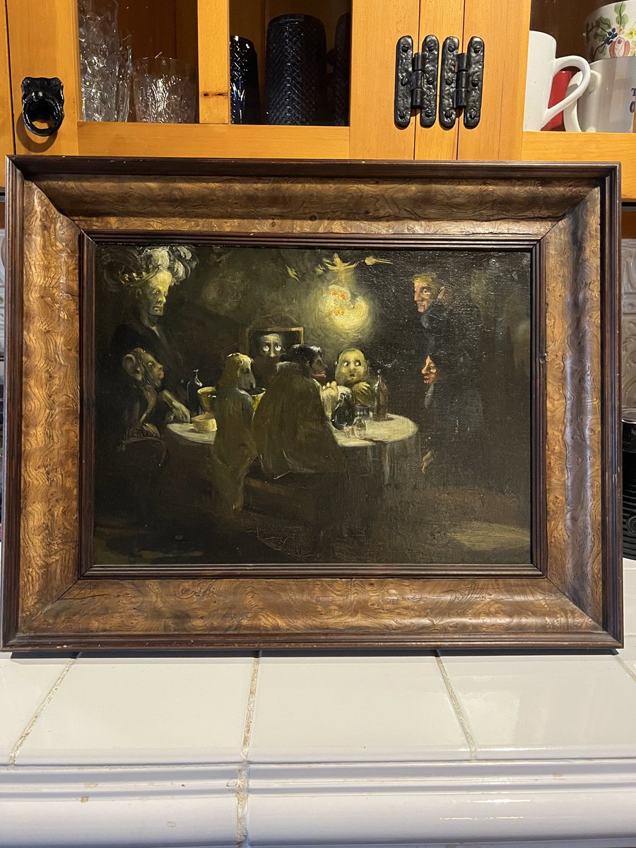 dan_aykroyd's tweet photo. My daughter Danielle and I wanted to share one of our family treasures from the Seance Room in the Old Farmhouse. We believe this is one of the eeriest and most wonderful seance depictions ever painted. Check out the details. Here’s a secret: if you flip it upside down the little wispy white and orange spirit is a skull. Anyone know who painted this?