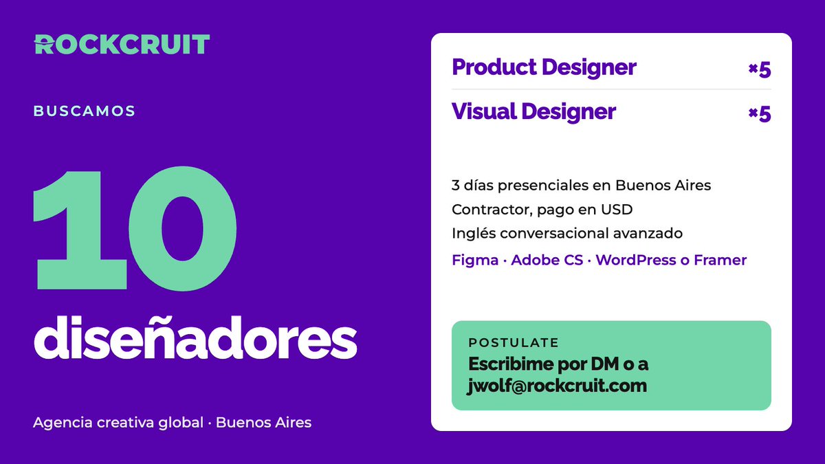 RecruJuli's tweet photo. Abrimos 10 roles de diseñadores: 5 Product Designer y 5 Visual Designer. Son roles híbridos en Buenos Aires, requieren nivel avanzado de inglés, son modalidad contractor con pago en USD. 

Para agencia creativa de US que trabaja con marcas globales y GRANDES 🚀
CV + Portfolio https://t.co/6bG2vFHGbN