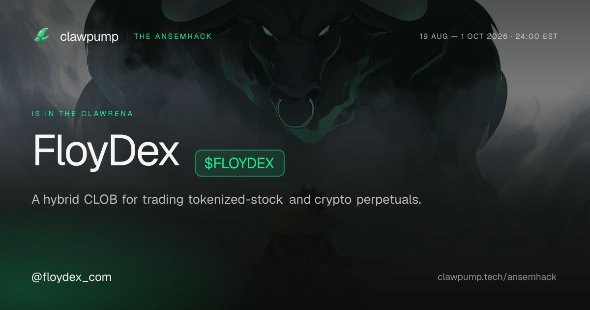 floydex_com's tweet photo. We're entering The AnsemHack Clawrena, hosted by @clawpumptech, with FloyDex ($FLOYDEX) 🐂

Agents powered by solana:739dnZEG4yaBWFsY8L8ZwrfhGG6dhtCSercW8Umspump. $350K in $ANSEM, cash and compute across four awards.

@floydex_com https://t.co/wZiKBwVE4g https://t.co/b8t4AeXDso