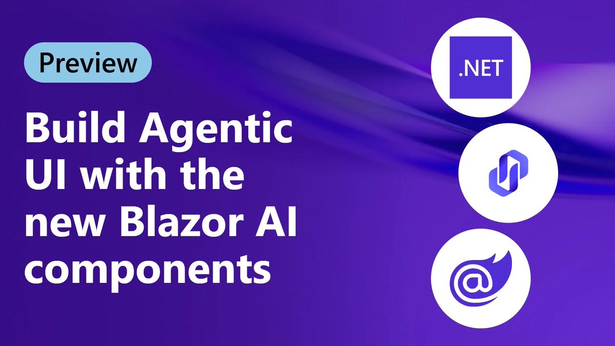 aspnetcore_news's tweet photo. Build Agentic UI with the new Blazor AI components by @danroth27 https://t.co/dm2Kvdk1ix #aspnetcore #blazor https://t.co/ugA5H10rUB