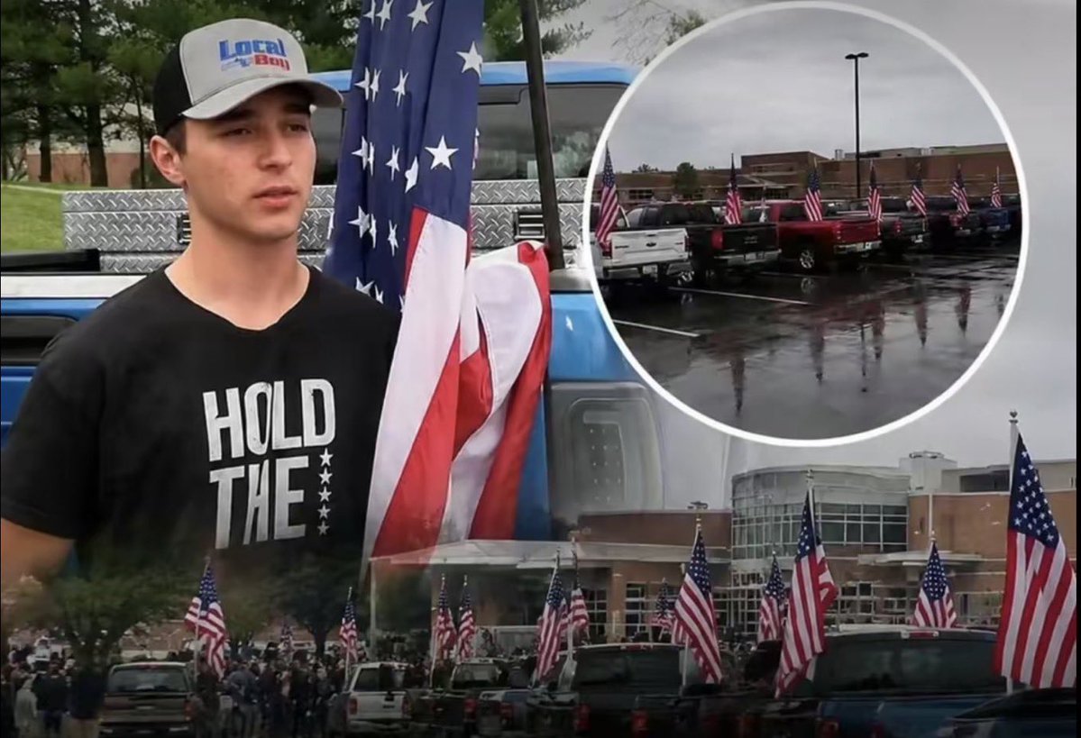 Milajoy's tweet photo. A 17 year old was called to the school office. 

He was told to REMOVE the American flags from his vehicle. 

He refused. 

He got suspended. 

The next day, most kids showed up to school with American flags on their vehicles. 

God bless America. https://t.co/ZJkg9Nv9KN