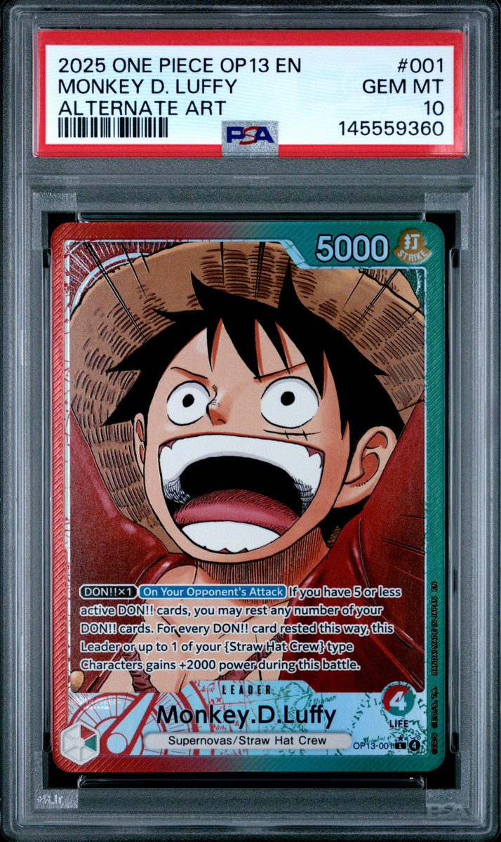 RipzGG's tweet photo. 🏴‍☠️ ONE PIECE IS LIVE ON RIPZ 🏴‍☠️

To celebrate, we're giving away a PSA 10 Monkey D. Luffy #001 — OP-13 Carrying On His Will.

To enter:
🔁 Follow @ripzgg
❤️ Like + repost
💬 Comment your favorite One Piece card
Winner drawn Sunday 9PM CST.

We're the only place online you can rip real One Piece 12 card packs with published pull rates — all 17 sets going live this week.

*US Only*
https://t.co/9omYra9Mvz